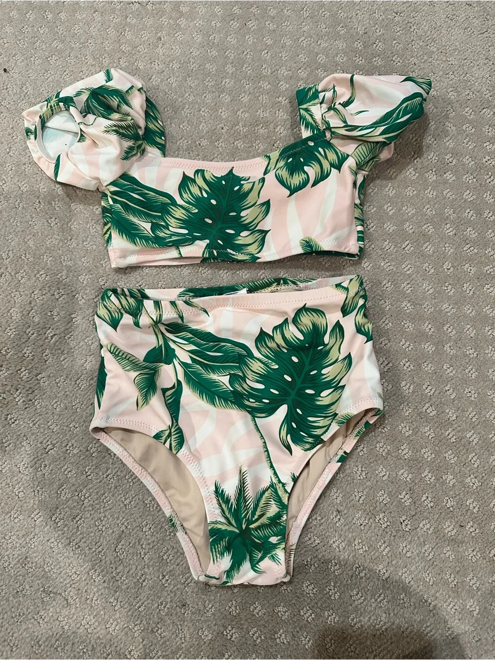 Toddler Tropical Leaf High-Waist Bikini Set - Pink & Green 3T